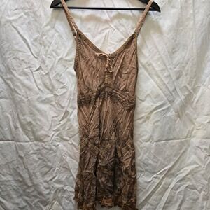 Sakkas Tan Embroidered Tie Neck Sun Dress Boho Festival L XL Fariecore
